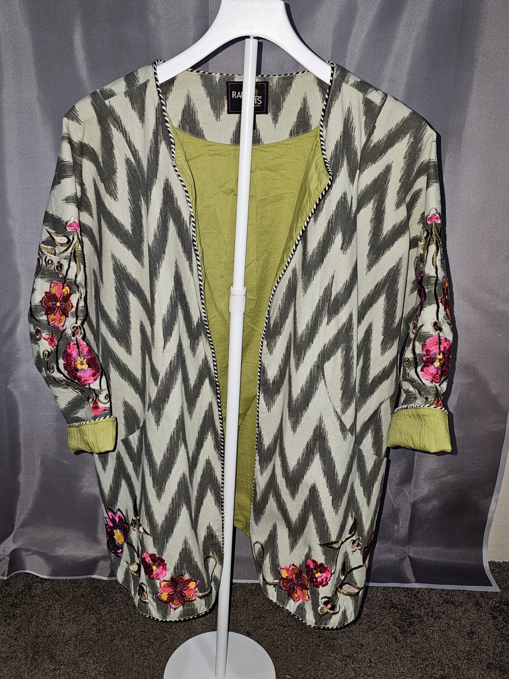 Rara Avis Iris Apfel Ikat Chevron Floral Embroidered Open Front Topper Jacket
